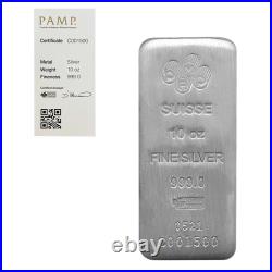 10 oz PAMP Suisse Silver Cast Bar. 999 Fine (withAssay)