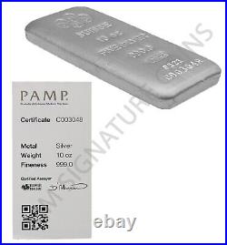 10 oz Silver Bar PAMP Suisse. 999 Fine with Assay serial numbered cast