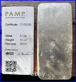 10 oz Silver Bar PAMP Suisse Cast. 999 Fine with Assay Card