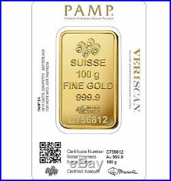 100 gram (100g) Fine Gold Bar 999.9 PAMP Suisse Lady Fortuna Veriscan