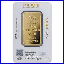 100 gram Gold PAMP Suisse Lady Fortuna Veriscan Bar with Assay