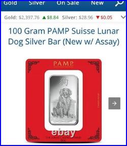 100 gram Silver Bar PAMP Suisse Lunar Year of the Dog 999.9 Fine in Assay