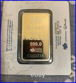 100 gram Silver Bar PAMP Suisse Rosa 999.9 Fine in Assay