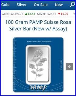 100 gram Silver Bar PAMP Suisse Rosa 999.9 Fine in Assay