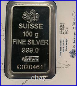 100 gram Silver Bar Pamp Suisse Lady Fortuna (New in Assey) BU Fine Silver Bar