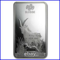 100 grams 999 Silver 2015 Lunar Goat Suisse PAMP Mint Bullion Bar Assay Card