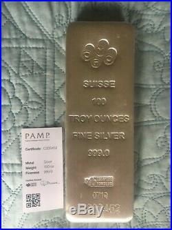 100 oz PAMP Suisse Silver Cast Bar. 999 Fine (withAssay)
