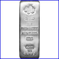 100 oz Silver Bar PAMP Suisse. 999 Fine Assay Certificate Sealed Box of 5 Bars