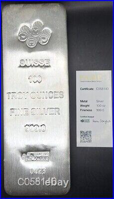 100 oz Silver Bar Suisse Bullion, PAMP With COA Included