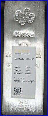 100 oz Silver Bar Suisse Bullion, PAMP With COA Included