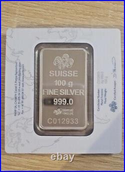 100g Silver Bullion Bar, 999.0 Pamp Suisse Lady Fortuna Certified #1