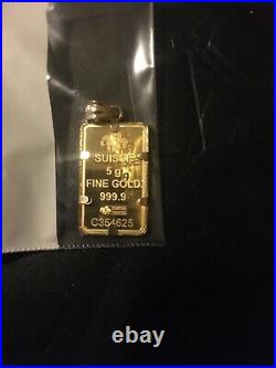 14k Gold 5 Gram Pamp Suisse. 999 Lady Fortuna Bar Pendant