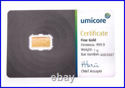 1g. 999 fine Gold UMICORE Bullion Bar. Solid pure 24k gold for investment/gift