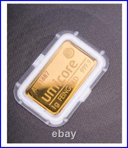 1g. 999 fine Gold UMICORE Bullion Bar. Solid pure 24k gold for investment/gift