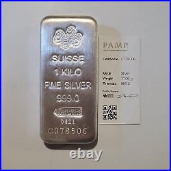 1kg PAMP Suisse Swiss Switzerland Fine Silver Cast Kilo Bullion Bar Brick With COA