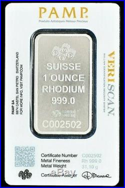 1oz Rhodium Bar PAMP Suisse Veriscan Lady Fortuna. 999 Fine in Assay