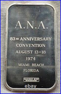 1oz Silver Bar 1974 ANA Florida Miami Beach 83rd Convention Madison Mint Awesome
