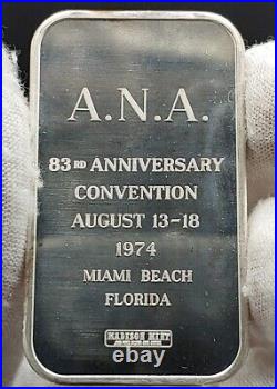 1oz Silver Bar 1974 ANA Florida Miami Beach 83rd Convention Madison Mint Awesome