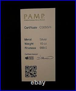 1x PAMP SUISSE 10 Troy Ounce 999.0 Fine Silver Bar with Assay