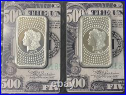 (2) 2023 50g 999 Fine Silver PAMP Suisse Morgan 2023 $500 Bill Bar Assay Consec#