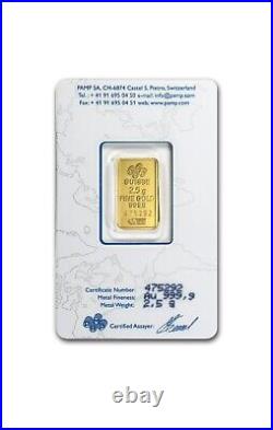 2.5 Gram PAMP Suisse Lady Fortuna 999,9 Fine Gold Bar Sealed in Assay Card