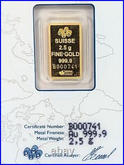 2.5 Gram PAMP Suisse Lady Fortuna 999,9 Fine Gold Bar Sealed in Assay Card