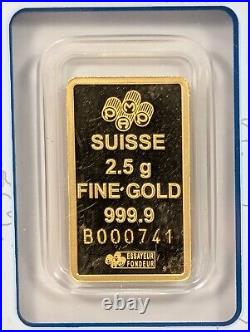 2.5 Gram PAMP Suisse Lady Fortuna 999,9 Fine Gold Bar Sealed in Assay Card