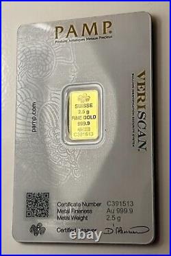 2.5 gram Gold Bar PAMP Lady Fortuna 999.9 Fine Sealed Assay Suisse