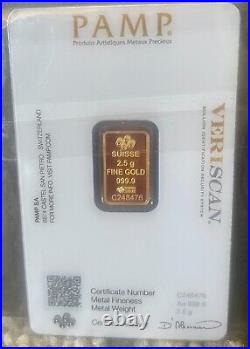 2.5 gram Gold Bar PAMP Suisse Fortuna 999.9 Fine in Sealed Assay