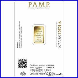 2.5 gram Gold Bar PAMP Suisse Lady Fortuna Veriscan In Assay Card