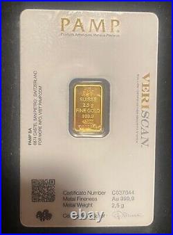 2.5 gram Gold Bar PAMP Suisse Lady Fortuna Veriscan- In Essay