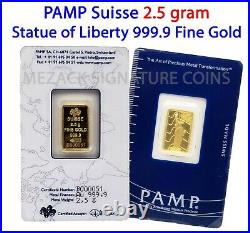 2.5 gram Gold Bar PAMP Suisse, Statue of Liberty 999.9 Fine in Sealed Assay