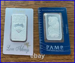 2 Lot. 999 Fine Siver Bars 1 Ounce Each Pamp Suisse Love Always Lady Fortune