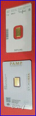 2 Lot Suisse Pamp Lady Fortuna and Austrian Mint Kinebar 1 Gram Fine Gold Bars