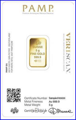 (2) PAMP SUISSE 5 Gram Gold Bar NEW 24KT. 9999 In VERISCAN Security Assay Card