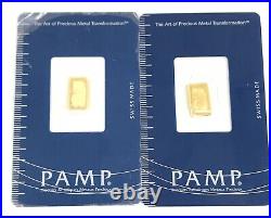 2 PAMP Suisse Lady Fortuna 999.9 Fine 1 Gram Gold Bar in Sealed Assay Cards