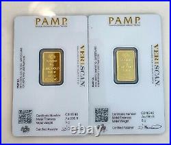 2- Pamp Suisse 5 Gram Fortuna Gold Bars 999.9 Fine In Sealed Assay