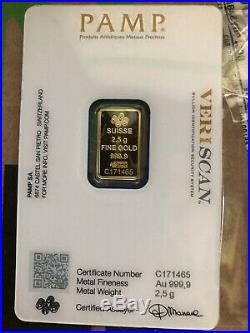 2 X 2.5 gram Gold Bar PAMP Suisse Lady Fortuna Veriscan. 9999 Fine (In Assay)