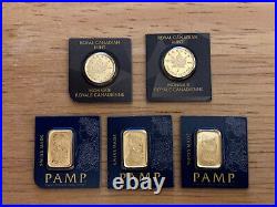 2 one gram gold maple leaf and 3 one gram Pamp Suisse Gold bars