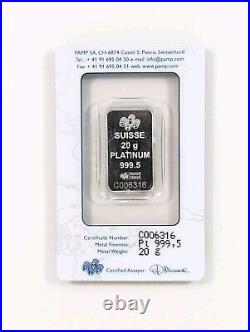 20 Gram PAMP Suisse 999.5 Fine Platinum Bar Sealed in Assay