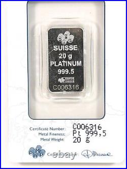 20 Gram PAMP Suisse 999.5 Fine Platinum Bar Sealed in Assay