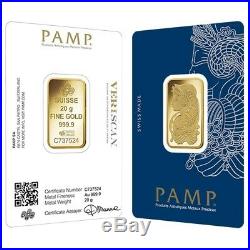 20 gram Gold Bar PAMP Suisse Lady Fortuna Veriscan. 9999 Fine (In Assay)