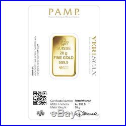 20 gram Gold Bar PAMP Suisse Lady Fortuna Veriscan. 9999 Fine (In Assay)