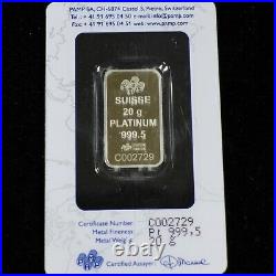 20 gram PAMP Suisse Lady Fortuna Platinum Bar. 9995 Fine (In Assay)