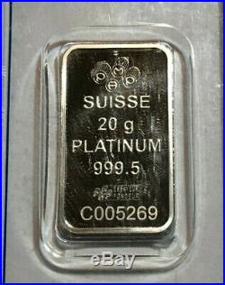 20 grams. 9995 Fine Platinum Bar- Pamp Suisse in Assay Card, #C005269