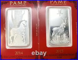 2012-2016 Silver PAMP Suisse 1 oz Silver Bars Lunar Year In Assay 5 Total