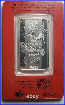 2012 PAMP 1oz Silver Bar Lunar Calendar Year of Dragon RARE! LOW SERIAL #C357