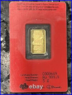 2012 PAMP Suisse Lunar Calendar Series Dragon 5 Gram. 9999 Fine Gold Bar In Assa