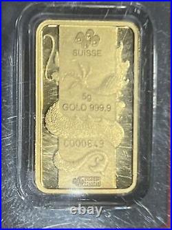 2012 PAMP Suisse Lunar Calendar Series Dragon 5 Gram. 9999 Fine Gold Bar In Assa