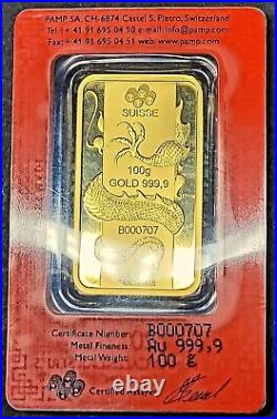 2012 Pamp Suisse Lunar Year of the Dragon. 9999 Gold Bar 100g Special # B000707